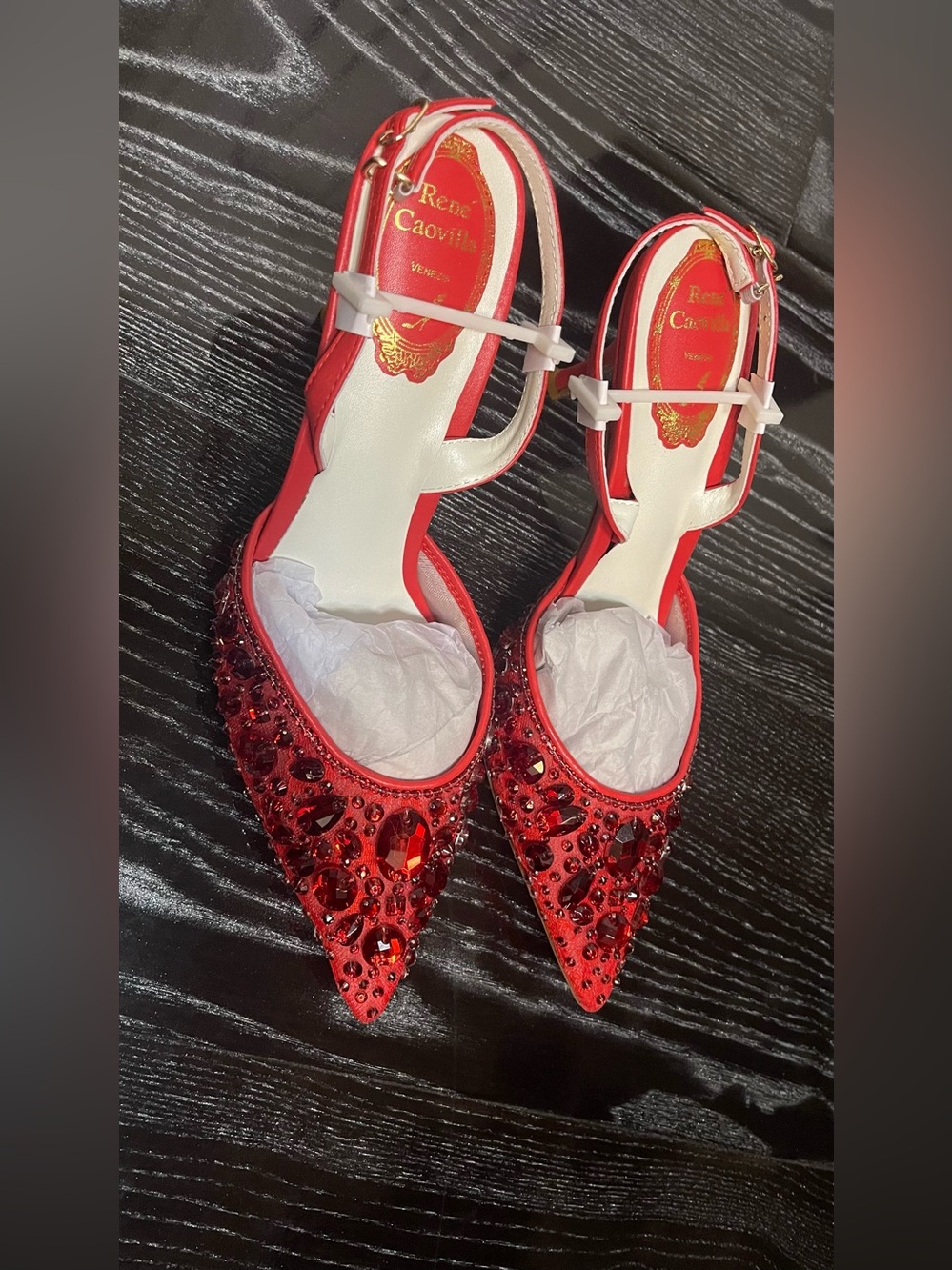 Rene Caovilla Red Crystal Embellished Pointed Slingback Heels